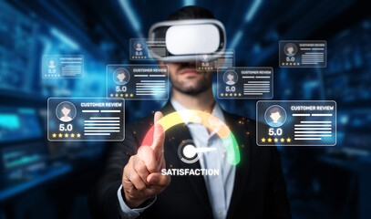 This stock photo captures a professional in virtual reality, engaging with customer satisfaction reviews and ratings, showcasing the impact of technology on online feedback systems. XDMCP