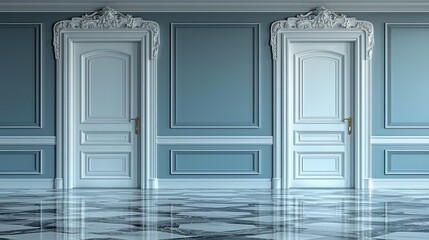 Elegant hallway with antique doors in a blue room.  Possible use Interior design photography