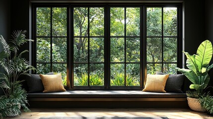 Sunlit window seat with plants, lush greenery view.  Home decor, interior design