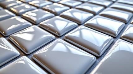 Glossy white tiles, arranged in grid, studio lighting, background blurred, website banner