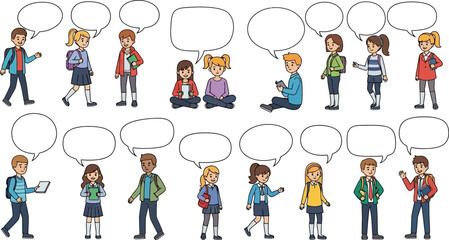 Diverse group of students with blank speech bubbles provides creative possibilities for design