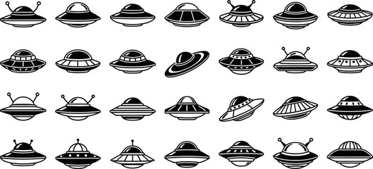Collection of Black and White UFO Illustrations in Various Design Styles for Science Fiction