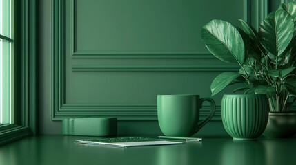 Green workspace mugs, plant, notepad, window light. Ideal for home office or blog