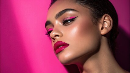 the illuminated side glows with a vivid pink hue that accentuates the lips and brow lending a dramatic flair to the overall composition.