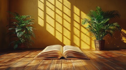 Open book, sunlit room, plants, wooden floor, peaceful reading