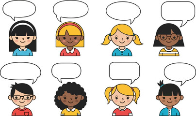 Diverse group of children cartoon characters with speech bubbles symbolizing communication and