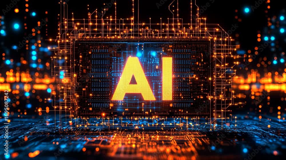 Poster a computer screen with a glowing blue and orange background and the word ai in yellow letters. conce