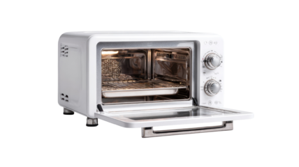 White compact oven with open door.  Small, modern, air fryer style oven with two compartments, showing an empty interior.  Stainless steel accents.  Rounded edges.  Control knobs visible