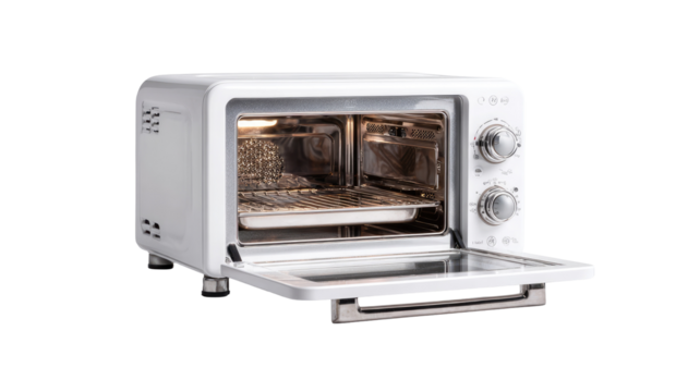 White compact oven with open door.  Small, modern, air fryer style oven with two compartments, showing an empty interior.  Stainless steel accents.  Rounded edges.  Control knobs visible