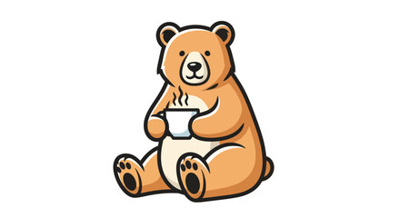 Cute cartoon brown bear sitting and holding a hot drink.