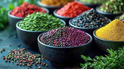 Colorful spices in bowls, kitchen setting, food photography, culinary background