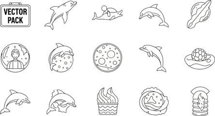 Collection of minimalist outline drawings featuring dolphins, planets, and food icons