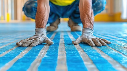 Worker installing underfloor heating, construction site