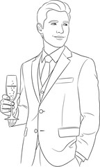 Elegant man in formal attire celebrating with champagne illustration for designs and projects