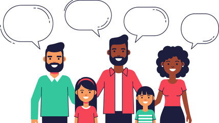 Diverse family communication with speech bubbles offering a modern visual narrative