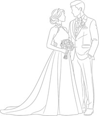 Fototapeta premium Elegant wedding couple line art illustration capturing romance and commitment gracefully drawn