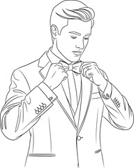 Elegant man in tailored suit adjusting bow tie in detailed line art illustration