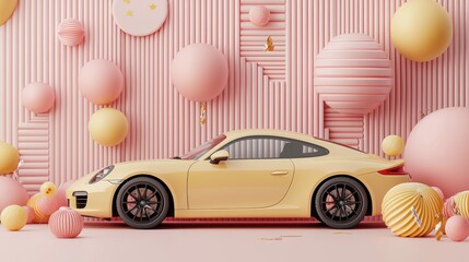 Yellow sports car in pastel pink studio, balloons background, celebratory mood, advertising use