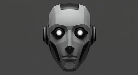 Futuristic robot head illustration with glowing eyes on dark background