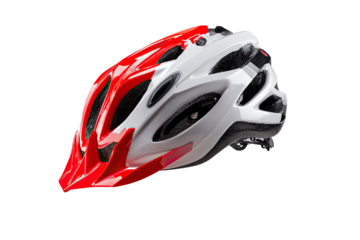 Red and white bicycle helmet, angled view.  Features vents, adjustable straps, and a glossy finish