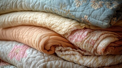 Stacked quilts, floral patterns, sunlight, indoors, home d?cor