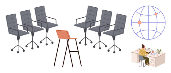 Modern office chairs with one unique seat, worker on a desk with a laptop, and a network globe. Ideal for teamwork, remote work, leadership, diversity, global connection, collaboration