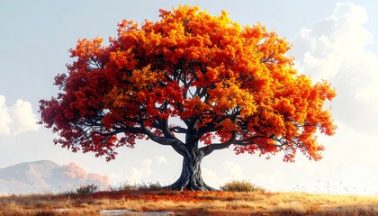 A magnificent, autumnal tree with vibrant orange and red leaves stands majestically on a hilltop, bathed in soft, natural light, creating a serene and peaceful autumnal scene.