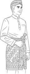 Line art illustration of a man in traditional Javanese attire with kris detail showing detailed