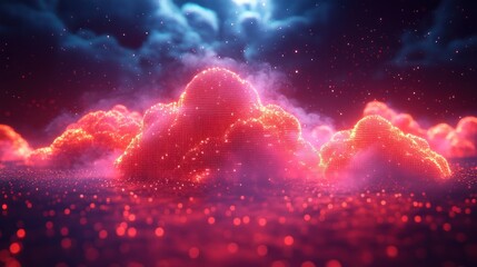 Fiery Cloudscape at Night; Abstract glowing red clouds with cosmic background