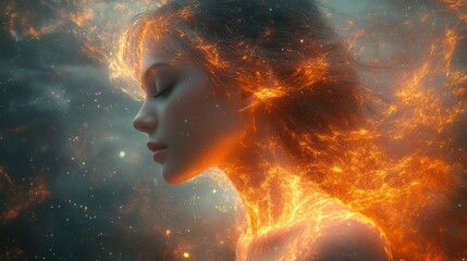 Woman with fiery hair, celestial backdrop, peaceful pose.  Possible use  fantasy, spirituality, art