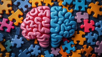 Pink blue brain puzzle pieces table top