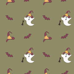Seamless pattern with Halloween ghosts, hats and bats