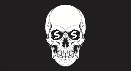 Detailed black and white skull illustration with SS eyes a symbol of darkness.