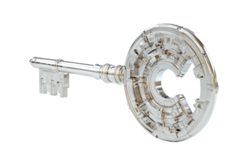 Metallic key with intricate circular design