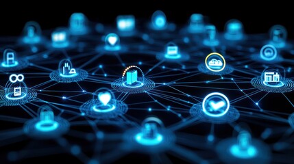 Digital network connecting diverse icons; global technology concept