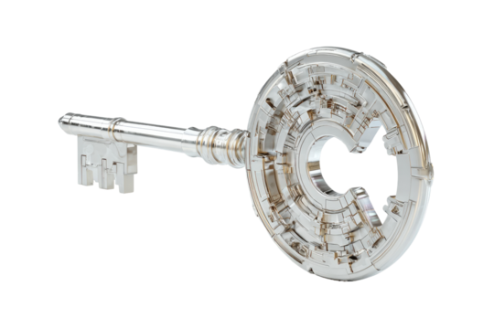 Metallic key with intricate circular design