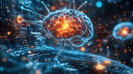 Brain neural network, glowing, microscopic,  digital  analysis