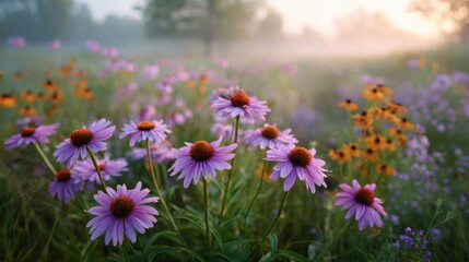 Pink coneflowers blooming in misty wildflower meadow at sunrise