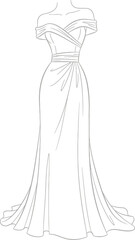 Elegant off-shoulder gown sketch illustrating refined fashion design and flowing lines for couture
