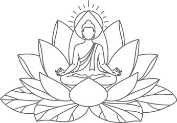Line art depiction of serene figure in lotus pose representing tranquility and enlightenment