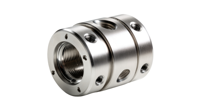 Precision machined metal rotary actuator, studio shot, industrial background, engineering