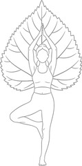 Minimalistic line art of a person in tree pose with a stylized leaf backdrop yoga posture and