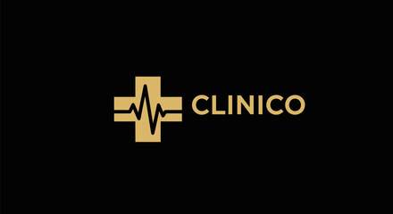 Obraz premium Modern medical clinic logo design with heartbeat and cross symbol.