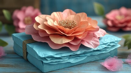 Pastel flower-adorned gift box on rustic wood