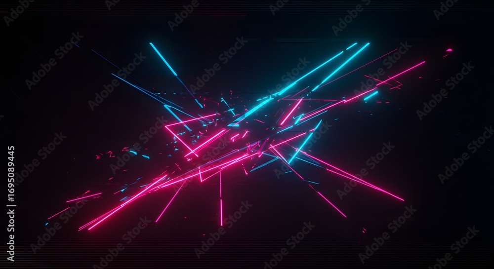 Poster abstract neon lights in dark space with pink and blue triangles and lines creating a modern design