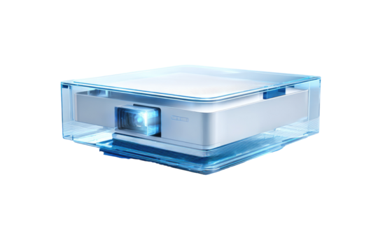 A white projector encased in a translucent, light-blue protective shell.  The projector's interior components are partially visible, including a light source.