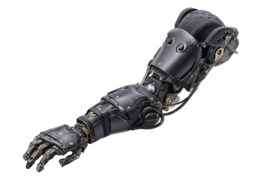 Detailed view of a dark metallic robotic arm.  Complex mechanical joints and segmented design.  Dark gray/black color scheme with metallic accents.  Realistic rendering.