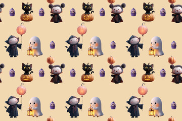 Seamless holiday pattern for Halloween with cheerful vampires, funny ghosts and witches