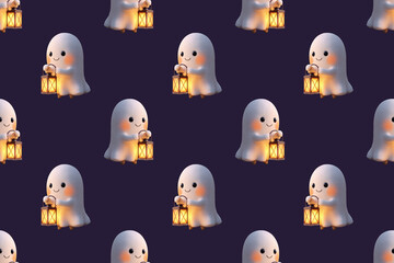 Seamless holiday pattern for Halloween with cheerful vampires, funny ghosts and witches