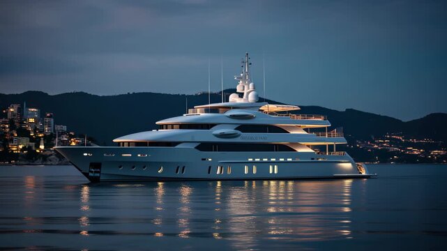 Luxury white yacht in sea at night, expensive rich boat against ocean coast, concept of wealth, cruise, nature and travel 